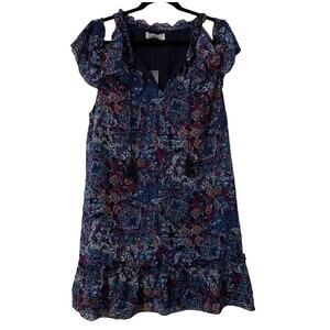 Libby Edelman Flutter Sleeve Dress. XL Navy Paisley Floral Flowy Ruffle hem NWT